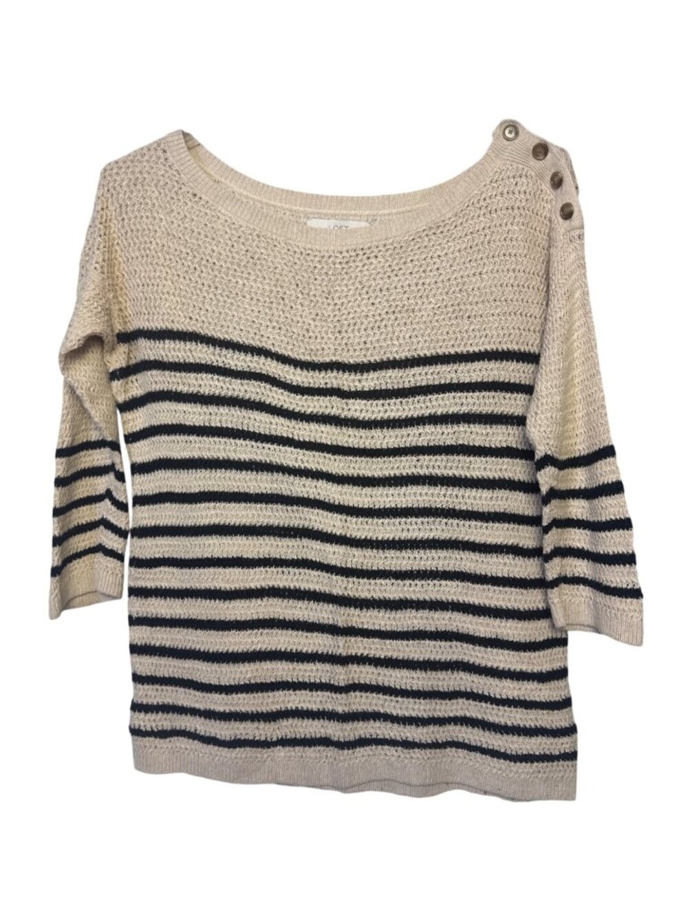 Ann Taylor Loft Striped Beige & Black Button Shoulder Sweater Large Linen Blend